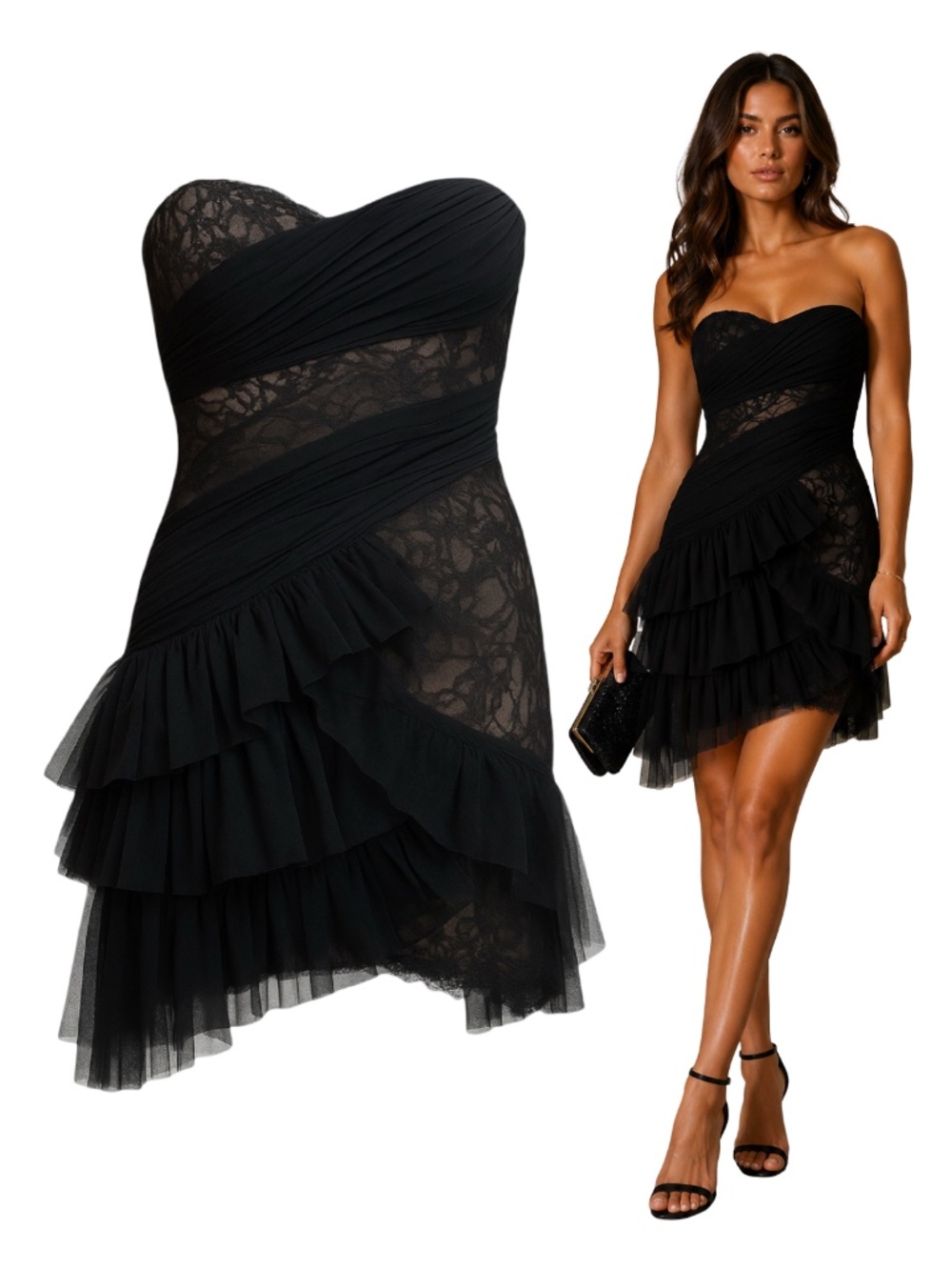 BCBGMAXAZRIA Runway Black Lace Chiffon Ruffle One Shoulder Dress Sz 6